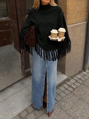 Black Casual Women's Elegant Half-High Neck Cape Knit Sweater